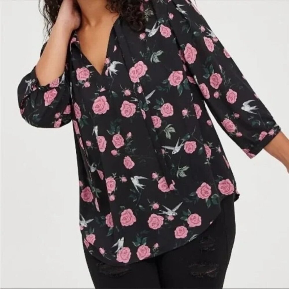 Torrid Floral Bird Print Georgette Bow Tie Blouse Black & Pink Sz 1 (1X)